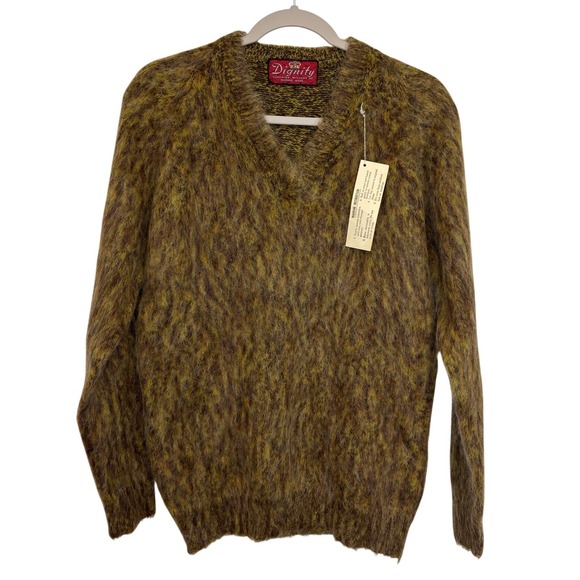 Dignity Other - New With Tag Vintage Fuzzy Hairy Mohair V Neck Sweater Olive Moss Mustard